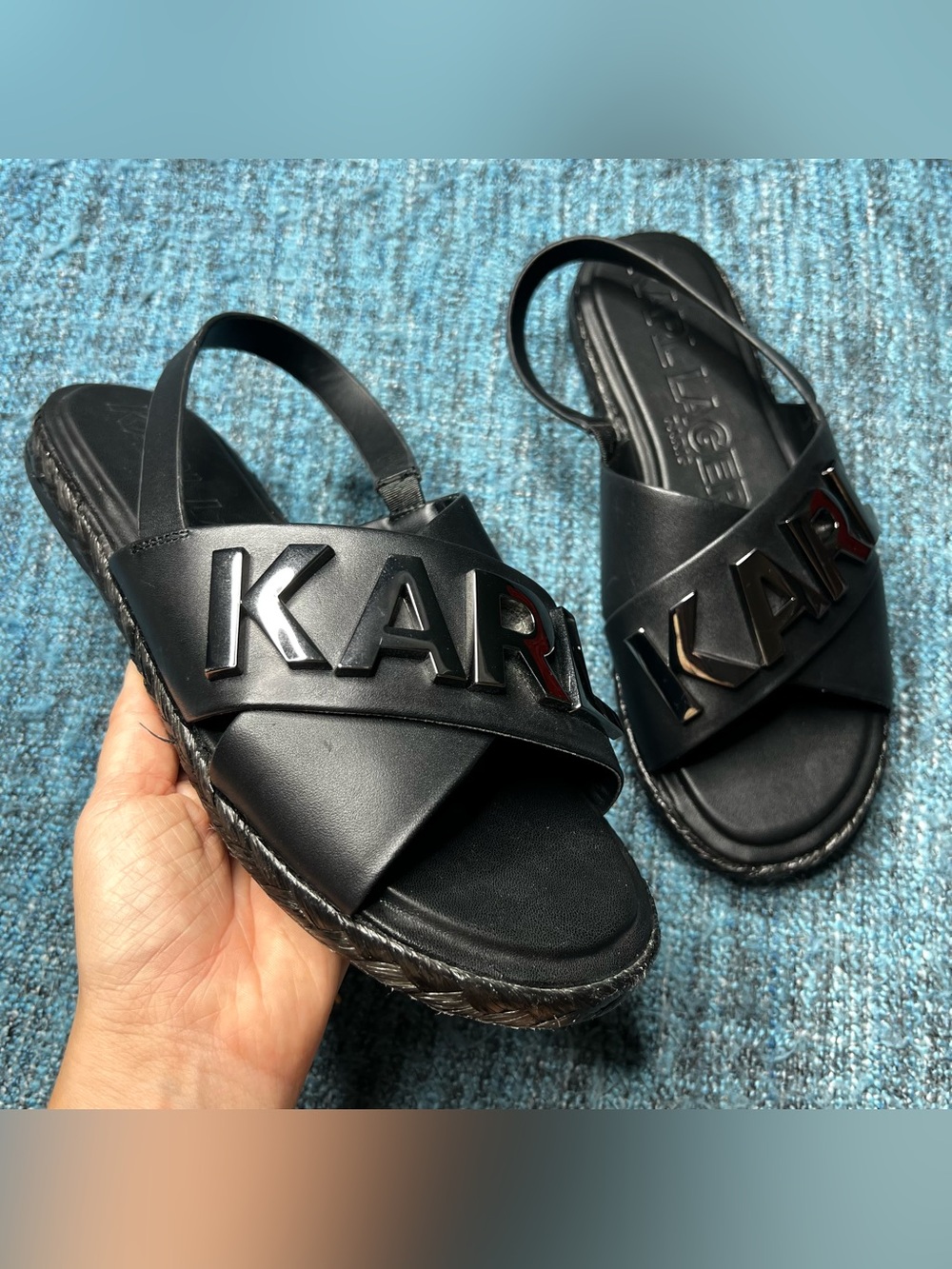 Karl Lagerfeld Paris Charla Slingback Espadrille Black Leather Sandals Women 8.5